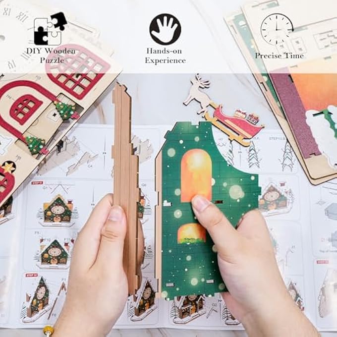3D PUZZLES FOR ADULTS,CHRISTMAS SNOW HOUSE WOODEN PUZZLE MODEL KITS DIY WALL CLOCK PUZZLE WITH SWINGING PENDULUM, UNIQUE HOME DECOR, CREATIVE GIFTS(320X75X289MM) - Image 3